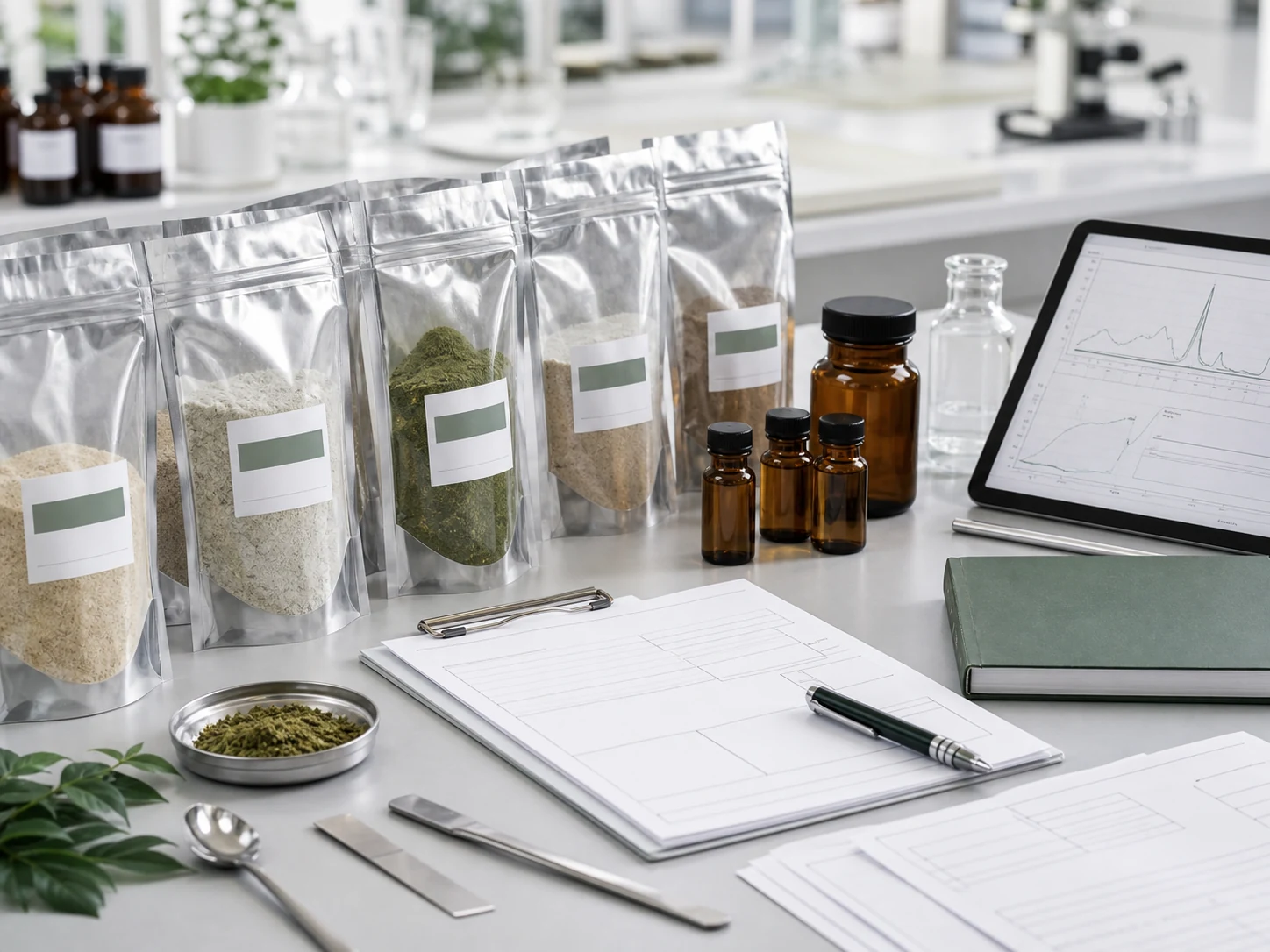 Conceptual visualization of ingredient samples and quality documentation